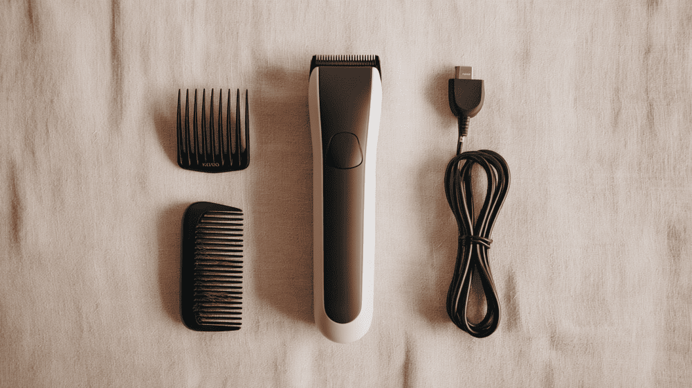 bovenaanzicht van een baardtrimmer en accessoires