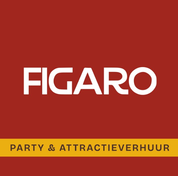 Logo van Figaro Party & Attractieverhuur met witte letters op rode achtergrond